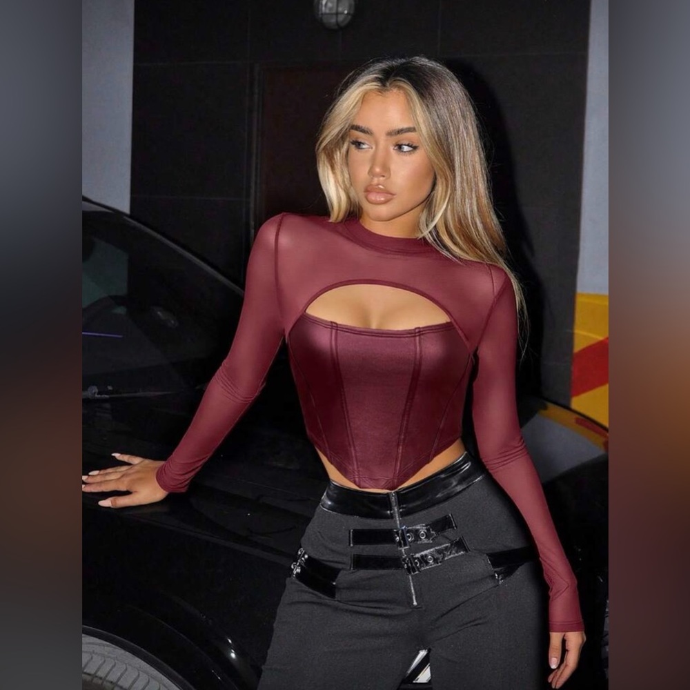 Long Sleeve Burgundy Cutout Corset Top - Women's